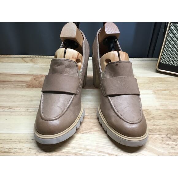 Paul Green Loafer Women's Taupe Leather Classic Slip-On Block Heel Comfort - Picture 1 of 11